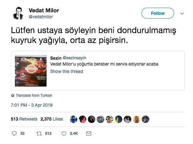 Kendini Menüde Gören Vedat Milor Attığı Tweet'lerle Kırdı Geçirdi