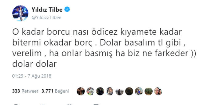Yıldız Tilbe'den, Twitter'ı Sallayan Dolar Tweetleri