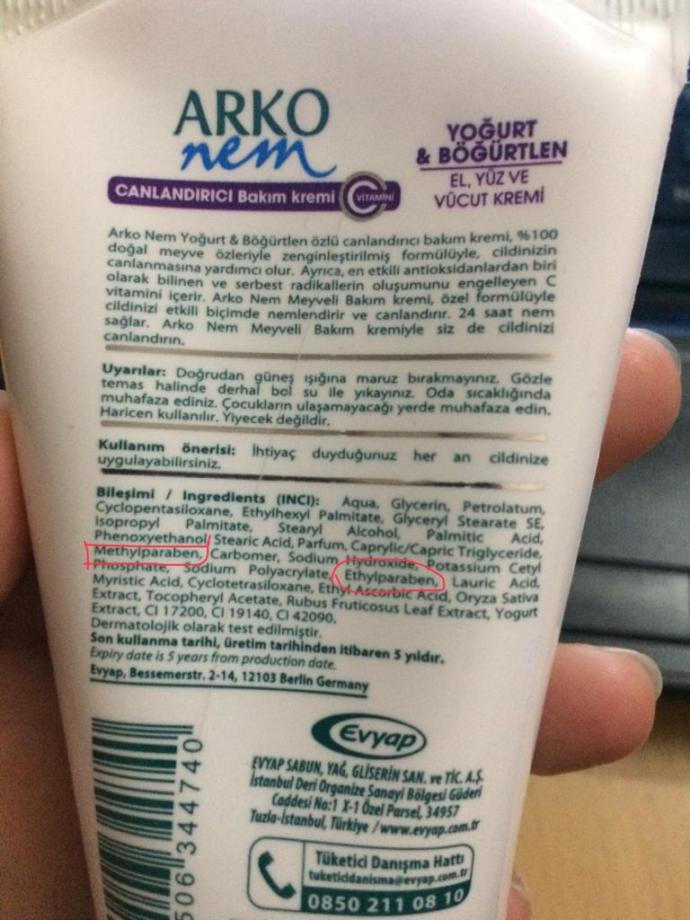 Elimdeki parabenli ürünlerden birine örnek