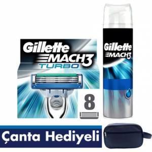 1.Gillette Mach3 Turbo Tıraş Bıçağı Paketi (8'li Bıçak + Jel+ Seyahat Çantası)