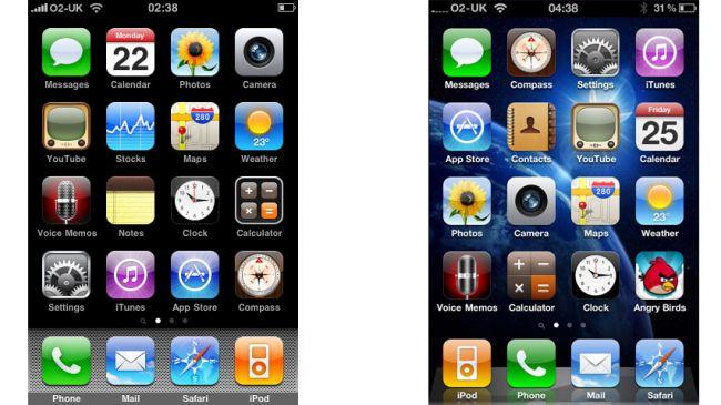 Skeuomorphism, iPhone OS 3 (Sol) ve iOS 4 (Sağ)