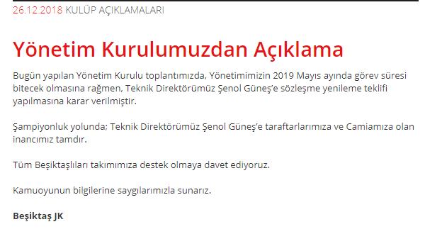Beşiktaş'tan Şenol Güneş Hakkında Açıklama