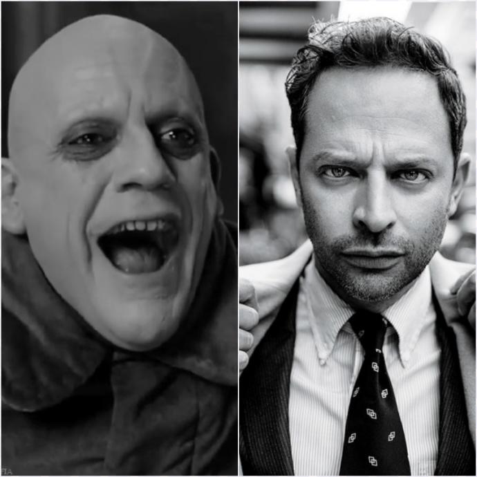 Solda Fester Addams rolünde Christopher Llyod, sağda Nick Kroll.