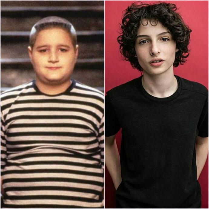 Solda Pugsley Addams rolünde Jimmy Workman, sağda Finn Wolfhard.