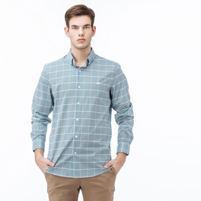 Lacoste Erkek Slim Fit Yeşil - Beyaz Çizgili Gömlek