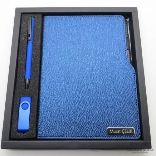 Lacivert 15x21 Defter + Kalem + 8Gb. Usb Bellek Seti | Hepsi İsme Özel - Hediyelik Set