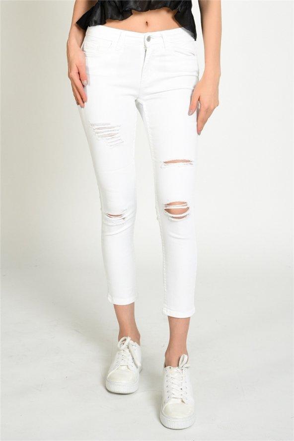 Beyaz Yırtık Model Skinny Kot Pantolon