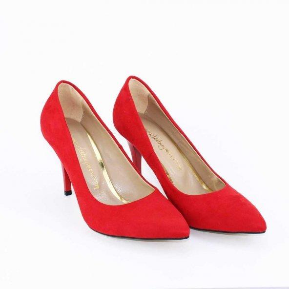 Kırmızı İnce Topuk Süet Stiletto