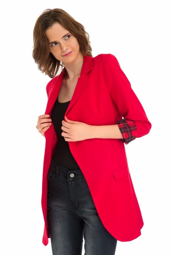Ekoseli Fakir Kol Kırmızı Uzun Blazer Ceket