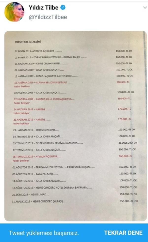 Yıldız Tilbe, Twitter'dan Yanlışlıkla Konser Programını ve Alacağı Ücretleri Yayınladı