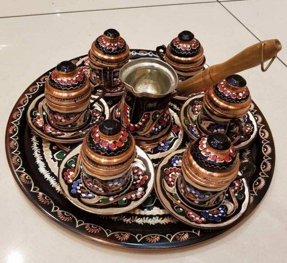 Hakiki Bakır 7Li Kahve Fincanı ve Cezve Set