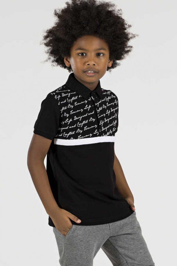 Tommy Life Yazı Detaylı Siyah Çocuk Polo Yaka Tshirt