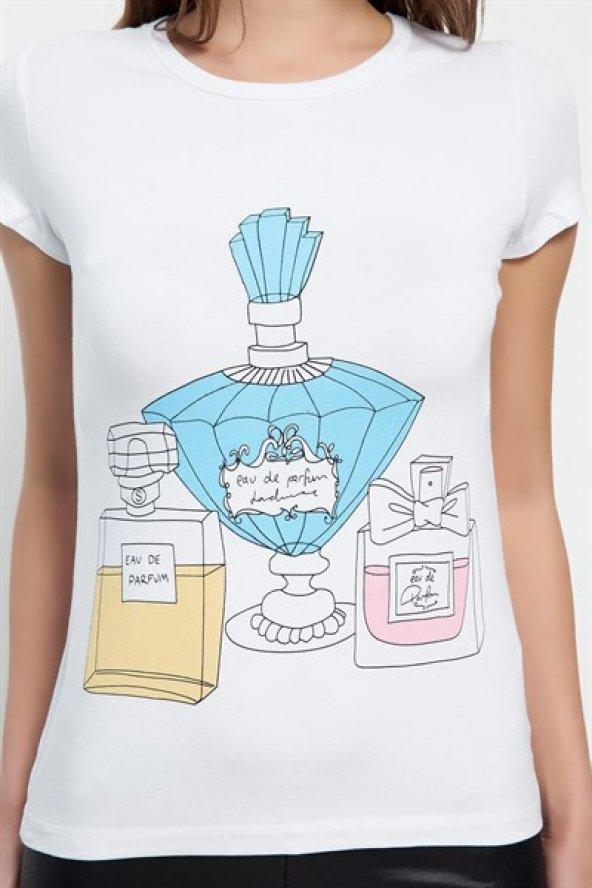 Parfüm Desenli Beyaz Bayan T-shirt