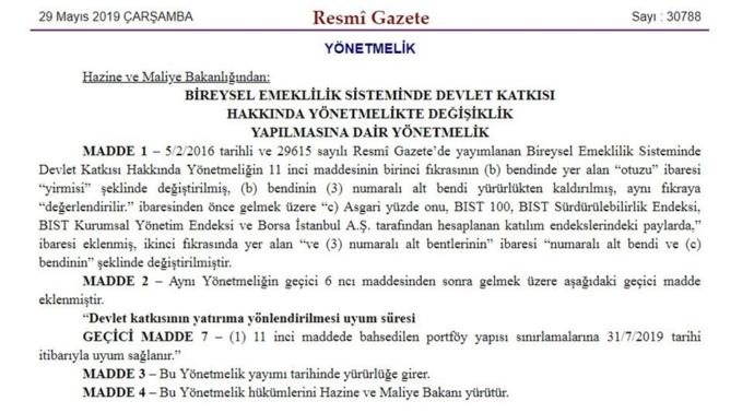 BES'teki Devlet Katkısı Borsa'da Değerlendirilecek (Resmi Gazetede Yayınlandı)
