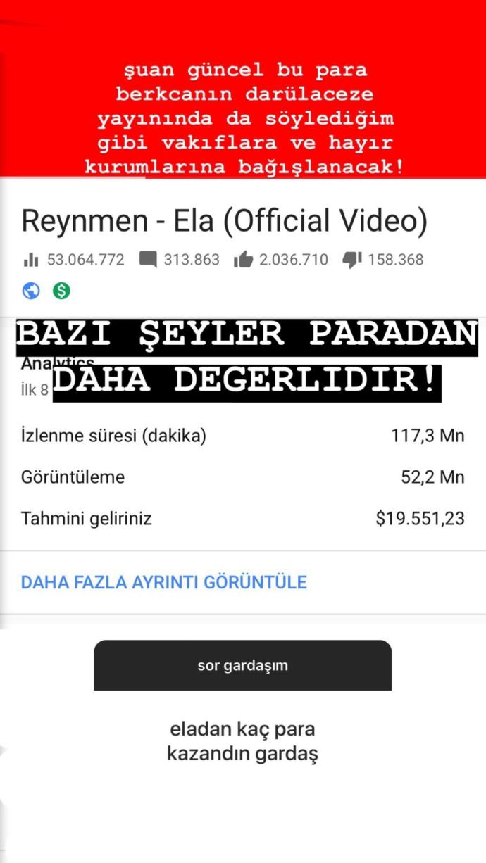 Reynmen, Rekor İzlenmeden Kaç Dolar Kazandığını Açıkladı (Ela)