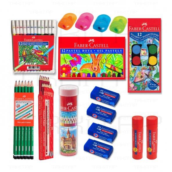 Faber Castell pastel boya, boya kalemleri, sulu boya, keçeli kalem, kurşun kalemler, kırmızı kalemler, silgi, kalemtraş, pritt yapıştırıcı