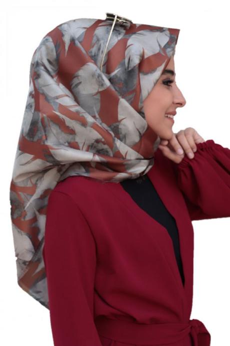 Gri Kiremit Desenli Tafta Eşarp