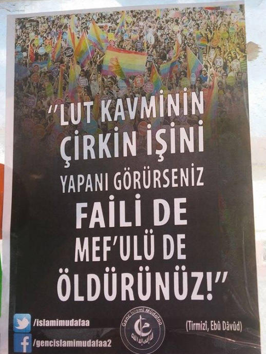 Genç islami Müdafaa adlı bir grup tarafından asılan afişlerden biri.İnsan öldürmek bu kadar kolaysa İŞİD'ten farkınız ne ?
