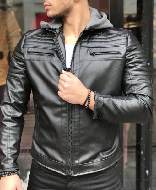 Kapüşonlu slim fit deri ceket