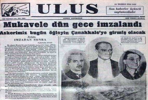 Montrö sözleşmesine dair Ulus gazetesinin manşeti