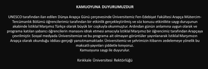 Kırıkkale Üniversitesi İstiklal Marşının Arapça Okunması Hakkında Açıklama Yaptı