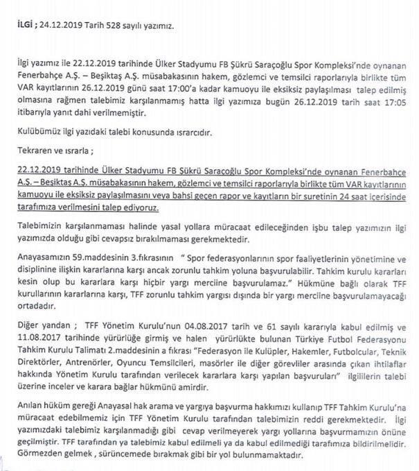 Beşiktaş Açıklanmayan VAR Kayıtları İçin TFFye 24 Saat Süre Verdi