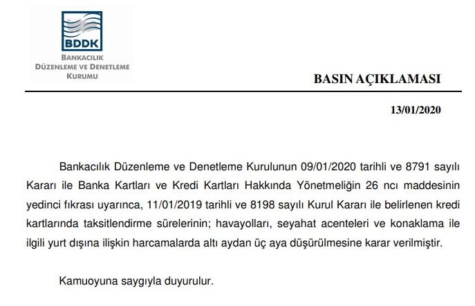 BDDK basın açıklaması - kredi kartları hakkında