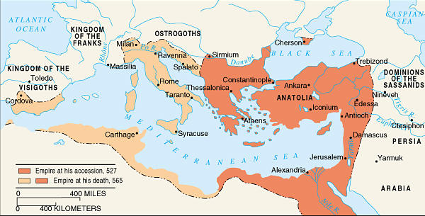 6. Yüzyıl Doğu Roma İmparatorluğunun Kabaca Sınırları