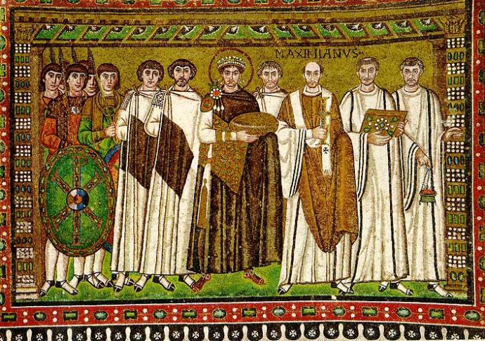 Iustinianus saraylı idarecilerle, San Vitale Bazilikası, Ravenna.