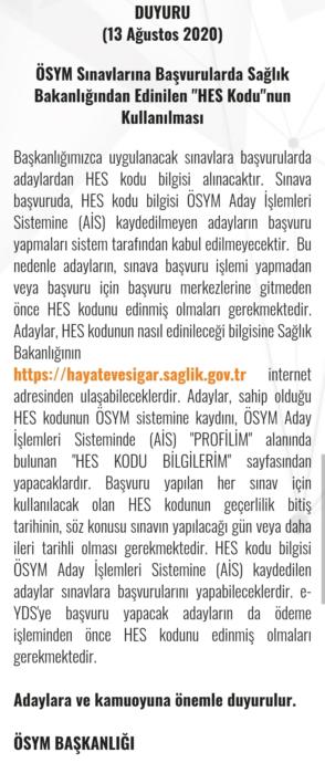 Son Dakika: ÖSYM Sınavlarına Başvurularda Sağlık Bakanlığından Edinilen HES Kodunun Kullanılması!