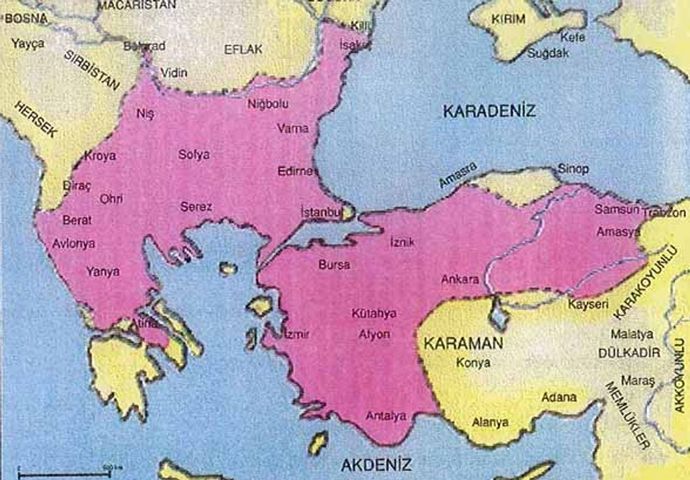 II. Murad döneminde Osmanlı haritası (Pembe)