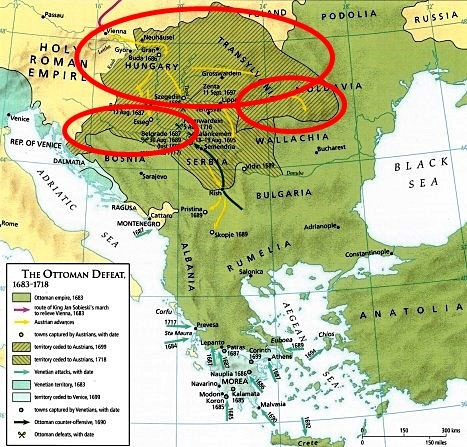 Karlofça Antlaşması ile kaybedilen topraklar (Kırmızı daireler)