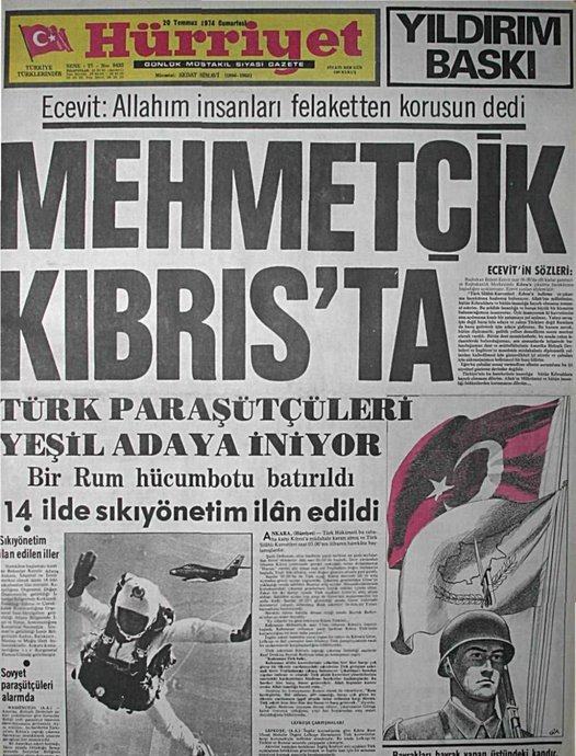 Kıbrıs Barış Harekatına ilişkin bir gazete manşeti.