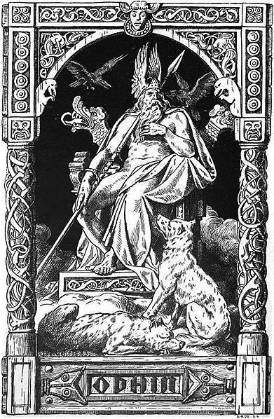 Tanrı Odin, kuzgunları Huginn ve Munnin ile kurtlari Geri ve Freki ile çevrili, tahtta oturuyor.