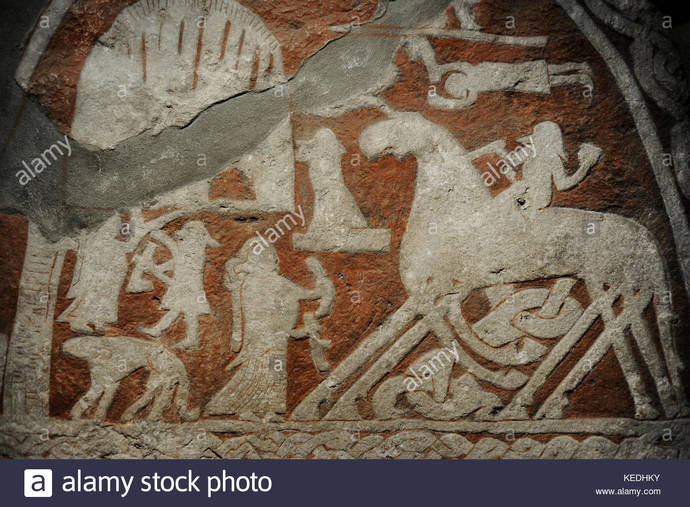 Sleipniri gösteren Viking steli. Tjangvide, Alskog, Gotland, İsveçten. 9. yüzyıl. İsveç Tarih Müzesi. Stockholm.