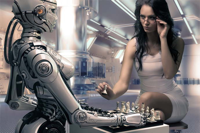 Bir kadın ve robot Satranç oynuyor