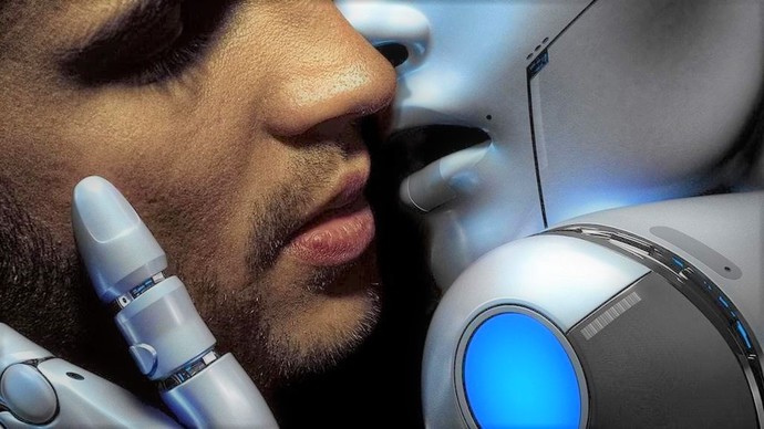 Bir adam ve robot kadın öpüşüyor