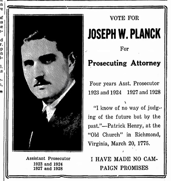 Joseph W. Planckın Michigan, Ingham County için savcı olma kampanyası için 1928 tarihli bir reklam