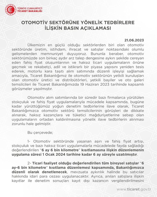 İkinci El Araç Satışındaki 6 Ay, 6 Bin Kilometre Uygulaması Uzatıldı ve Genişletildi!