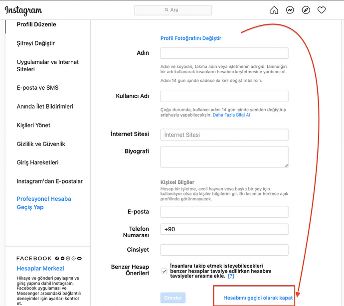 Instagram hesabını geçici kapat