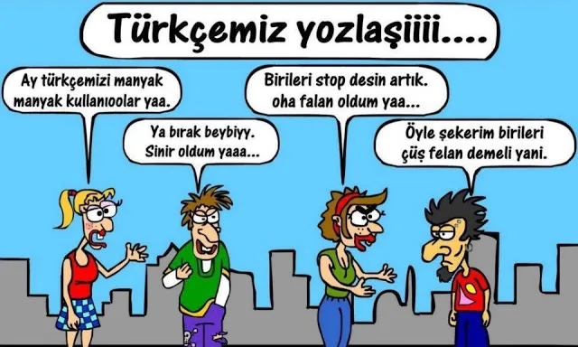 Türkçenin yozlaşması ile ilgili bir karikatür
