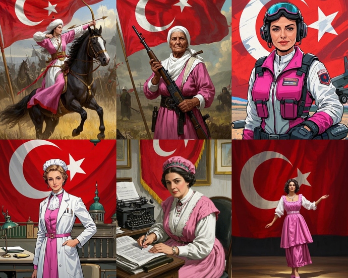Türk kadını; Tomris Hatun, Nene Hatun, Sabiha Gökçen, Türkan Saylan, Fatma Aliye Hanım, Afife Jaledir...
