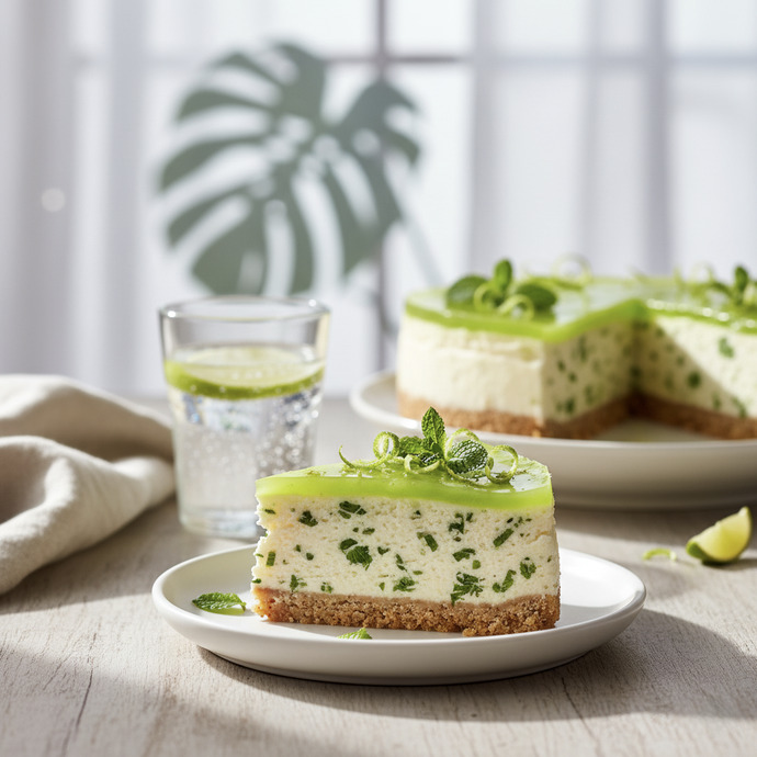 Yemeye hazır dilimlenmiş nane ve misket limonu soslu cheesecake