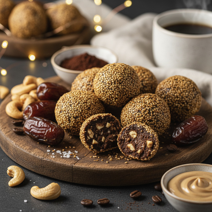 Yemeye hazır kahveli ve tahinli hurma topları