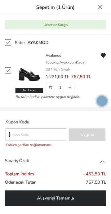 kupon kodunu yapıştırıp uygulaya basıp indirimi alıyoruz...