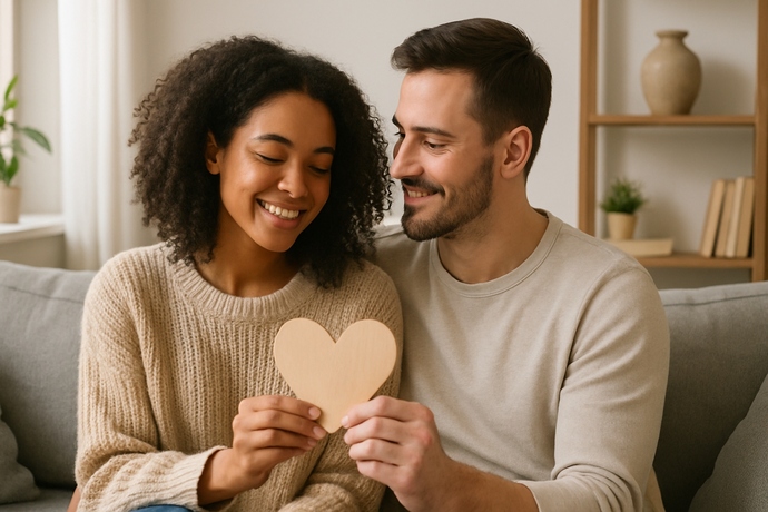 Doğru eş seçimi kavramını simgeleyen, kanepede yan yana oturan ve ahşap kalp tutan mutlu çift