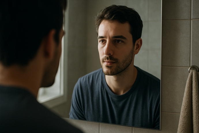 Aynaya ciddi bir ifadeyle bakan genç erkek, kendini tanıma ve doğru eş seçimi sürecini simgeleyen görsel.