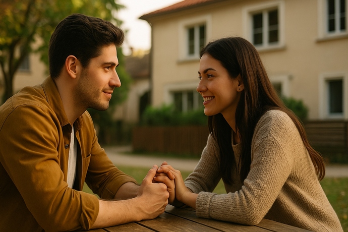Değer ve hayat tarzı uyumunu konuşan genç çift, dış mekanda birbirine bakan mutlu ilişki