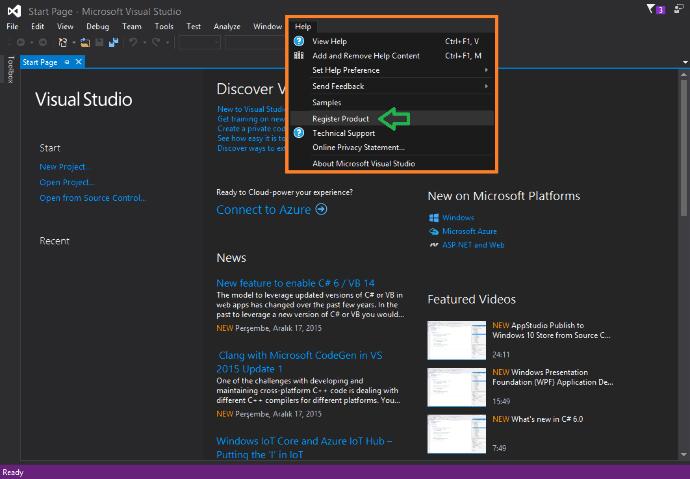 Visual Studio Community'i Kayıt Ediyoruz (Register Product)