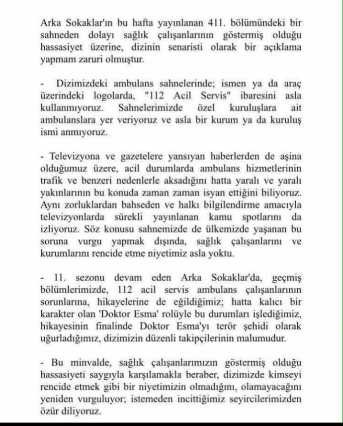 Arka Sokaklar Dizisi Sağlıkçılardan Özür Diledi!